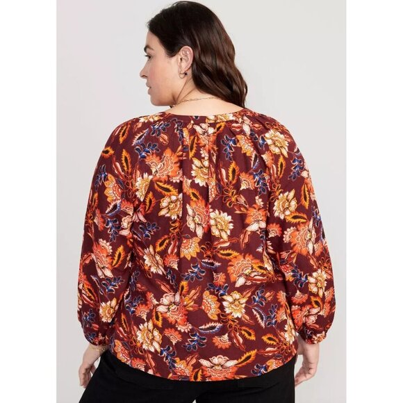 Old Navy Split Neck Blouse Top Women Plus 3X Orange Brown Floral Peasant Cottage - Picture 3 of 8